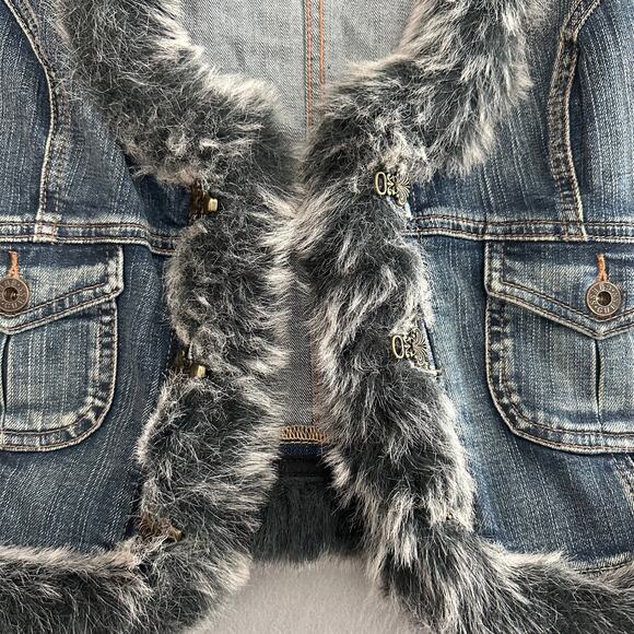 Vintage Y2K Guess Jeans Denim Vest With Faux Fur Trim Size Large - Picture 7 of 16